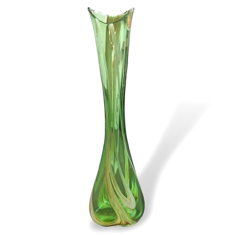 1960s Japanese Swung Glass Vase Green Orange White Elephant Foot